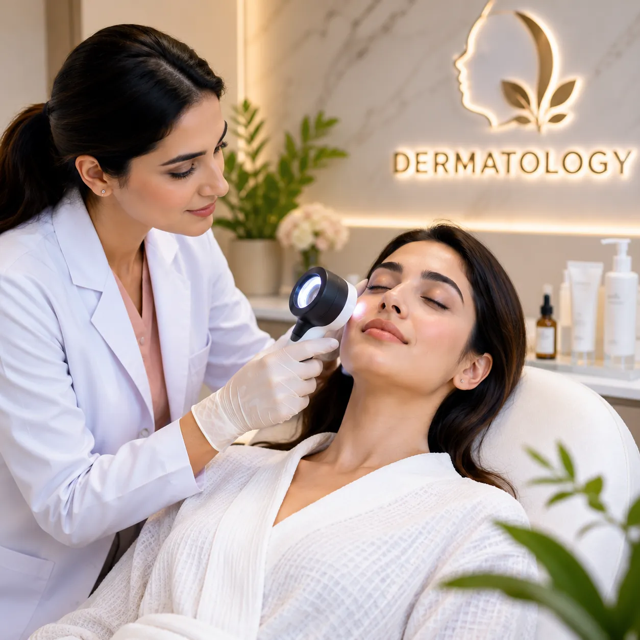 Dermatologist examining a patient's skin at Sun Light Skin Clinic, KR Puram Bangalore
